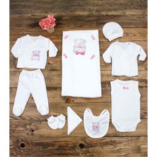 Pink Newborn Suit Baby Girl Teddy Bear Embroidery Clothing 10 Pcs Sets Cotton Girls Babies Jumpsuit Set Toddler Clothes Outfit