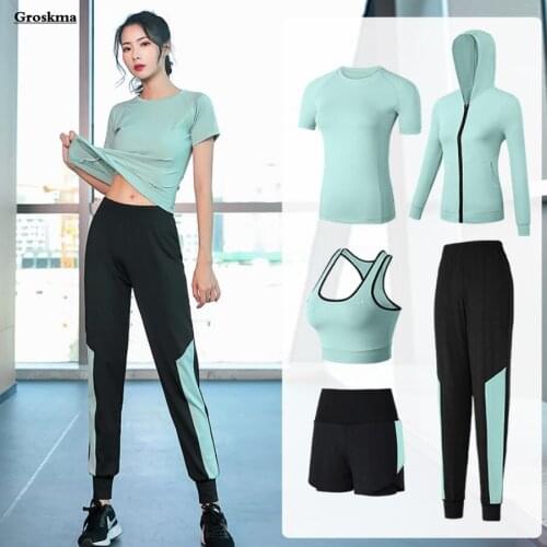 Yoga 5 Piece Set Women Fitness Gym Suits Quick Dry Coats+Bra+T Shirt+Pants+Shorts Sportswear Running Clothing Ensemble Femme