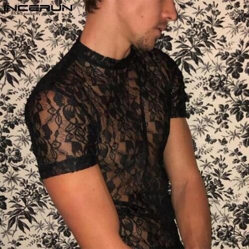 Men T Shirt Mesh Lace See Through 2021 O Neck Short Sleeve Sexy Party Nightclub Men Clothing Streetwear Camisetas S-5XL INCERUN