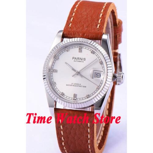 Parnis 36mm Unisex Automatic Mechanical Mens Watch Miyota 821A Movement Silver Dial Date Cyclops Sapphire Crystal Leather Strap