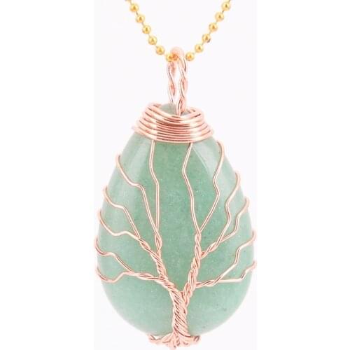 Natural Gem StoneGold Color Tree of Life Wire Wrap Water Drop Necklace Pendant for Women Jewelry Green Quartz Tig D525