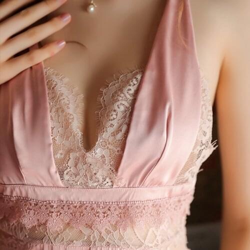 Romantic Lingerie Nighties for Women Summer Ice Silk Back Sexy Sleepwear Lace Flowers Sweet Hot V-neck Suspenders Nightdress
