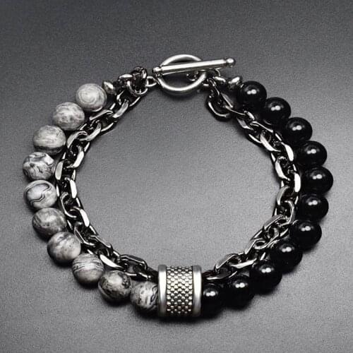 New 2021 Black White Stone Mens Bracelets Double Chain Link Stainless Steel Beaded Bracelets Bangle Male Jewelry