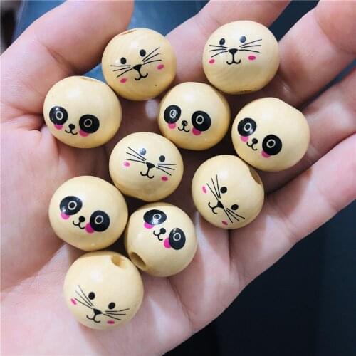 NEW Natural Wooden Beads Cartoon Expression Cat Panda Girl Smiling Face Round Spacer Wood Beads Wooden Balls 18mm 20Pcs/Set