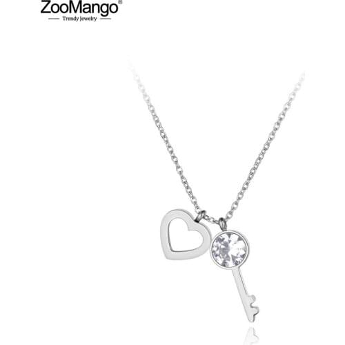 ZooMango Trendy Lovely Titanium Stainless Steel Heart & CZ Key Necklaces Rose Gold Pendant Chain Necklace For Xmas Gifts ZN19068