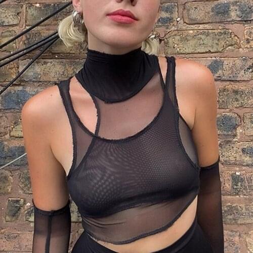 Sexy Club Mesh See-Through Sleevsless Tank Tee Women Fashion Street Style Off Shoulder Solid Color Crop Top T-Shirt Mujer