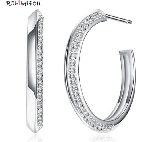 ROLILASON fashion 100% 925 sterling silver Zircon white hoop earrings for earring pure silver jewelry 6.8G SE11