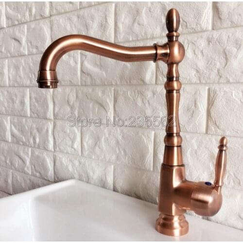 Swivel Spout Antique Red Copper Bathroom Faucet Deck Mounted Single Handle Cold and Hot Water Taps Basin / Sink Faucets lnf417