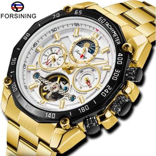Top Luxury Forsining Tourbillon Mechanical Men Watch Moon Phase Date Automatic Self Wind Men Watch Stainless Steel Male Clock