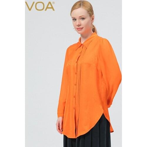 VOA Jacquard Orange Georgette Stitching Micro-transparent Long Sleeve Single Multi-button Commuter OL Style Shirt Women BE706