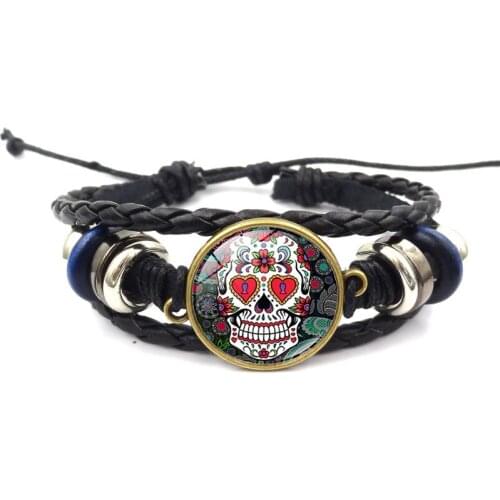 Punk Style Jewelry with Skull Pattern Glass Cabochon Multilayer Charm Leather Bracelet Bangle for Women Men Party Gift