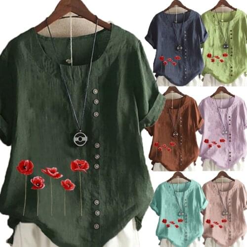Womens New Fashion O-neck Flowers Printed Short Sleeve Tops Loose Linen T-Shirt Casual Blouse S-5XL