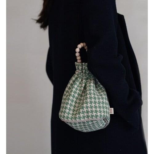 Women Bag New 2021 Spring Bucket Cotton Fabric Vintage Houndstooth Soft String Shoulder Bag Handbag Purse Small Fresh Bag