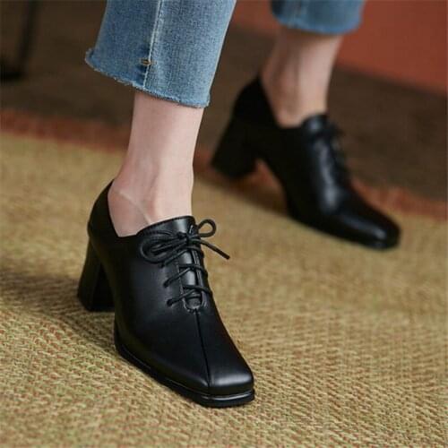 PXELENA Retro 2021 Spring Fall Lace Up Office Lady Oxfords Plus Size 34-43 Block High Heels Pumps Square Toe Women Shoes Black
