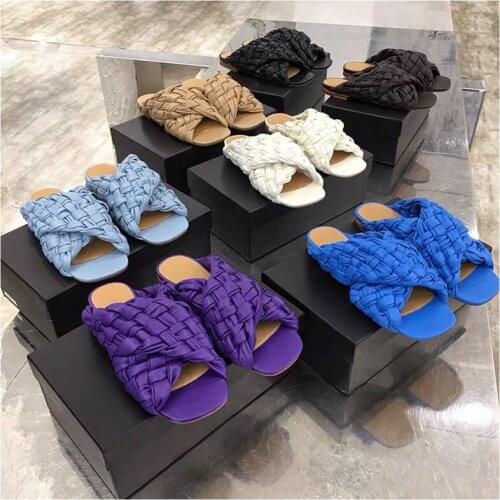 Summer Women Slipper Brand Weave Ladies Sandal Shoes Low Open Toe Flat Casual Slides Beach Flip Flops Big Size 35-42 Luxury 2021