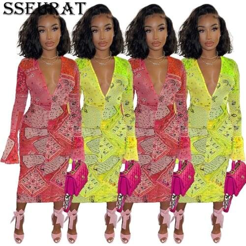 SSEURAT Summer Sexy Retro Print Long Dress Womens V-neck Long Sleeve Fashion Party Bodycon Dress 2021 New