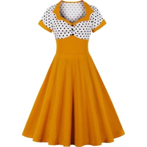 Women Yellow Retro Polka Dot A Line Swing Dresses 2021 Summer Elegant Two Tone Sweetheart Neck Button Front Vintage Party Dress