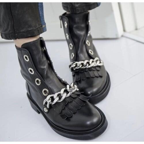 Round Toe Winter Shoes Woman 2020 Black Leather Knight Chelsea Boots Metal Chain Designer Motorcycle Botas Mujer Ankle Botines