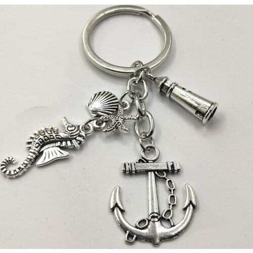 1pcs Hippocampus Keychains Beach Fish Keyring Anchor Lighthouse Charms Summer Jewelry Gift