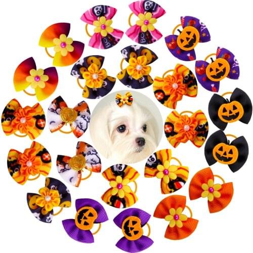 10PCS Pet Dog Puppy Hair Bows Mixed Cute Pumpkin/Flowers Dog Hair Accessory Dog Grooming Bows with Rubber Bands Pet Supplies