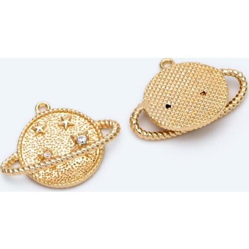 10pcs CZ Paved Disc Saturn Charms 16x21mm, 18K Gold Plated Brass, Disk Pendants For Jewelry DIY Making (GB-1909)