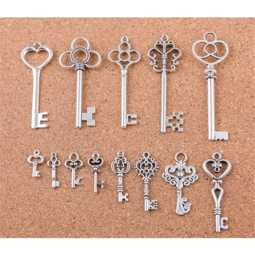 13pcs/set Antique Silver Plated Variety of sizes Key Charms Pendant DIY Handmade Jewelry Accessories