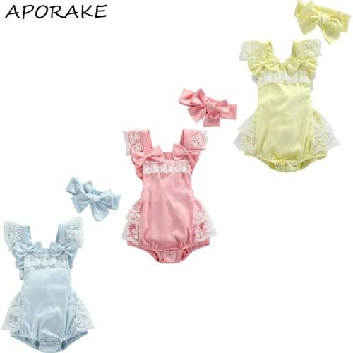 2021 0-18M Sweet Infant Baby Girl Playsuit Bows Flower Lace Sleeveless Square Collar Backless Tutu Romper+Headband Princess 2pcs