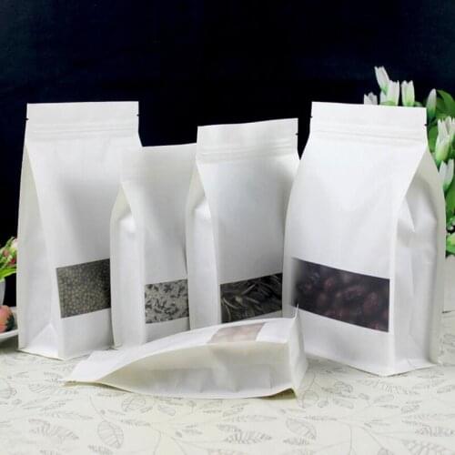 50Pcs White Big Capability Stand-up Kraft Paper Food Packaging Bag With Window, Pouch For Food Nuts Cookie Candy Baking Tea