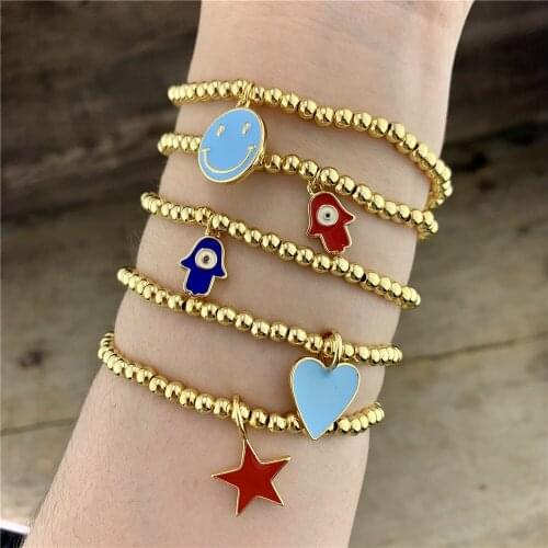 6Pcs,New high quality gold beaded chain with enamel heart/smile/ hamsa pendant