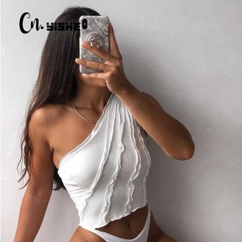 CNYISHE Elegant Slim One Shoulder Crop Top Women T-shirt Tees Tops Fashion Sexy Sleeveless Skinny Fitness Cropped Shirts Blusas
