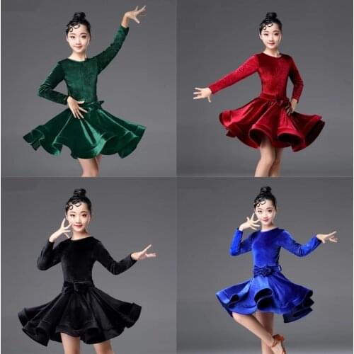 Kids Dresses for Girls Long Sleeve Latin Dance Dress Velvet Ballroom Competition Party Stage Performance Practice Costumes