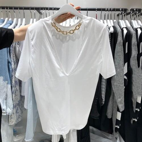 Design 2021 Heavy Metal Chain V-neck Solid Color Elastic Show Slim Loose T Shirt Top