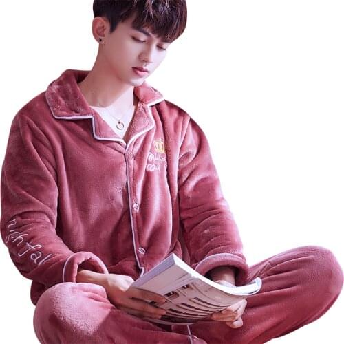 H5880 Men Pajamas Suit Plus Size Thick Flannel Autumn Winter Long Sleeve Sleepwear Coral Velvet Home Clothes Set Warm Nightwear