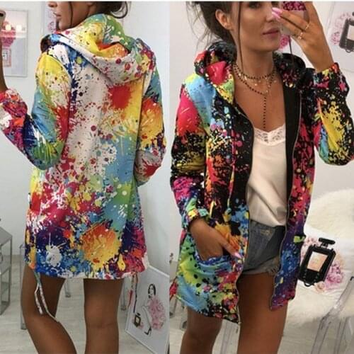 HIRIGIN Newest Womens Autumn Long Sleeve Thin Hooded Jacket Parka Pop Casual Coat Outwear print Zipper Cardigan Overcoat