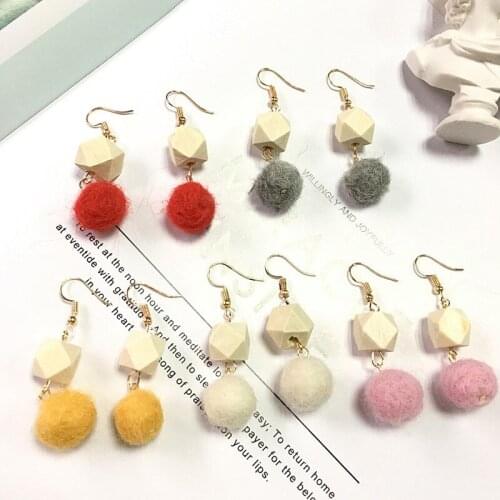 Korean Retro Plush Ball Long Earrings For Women Geometric Square Wood Stitching Multicolor Hair Ball Earrings Gift Jewelry
