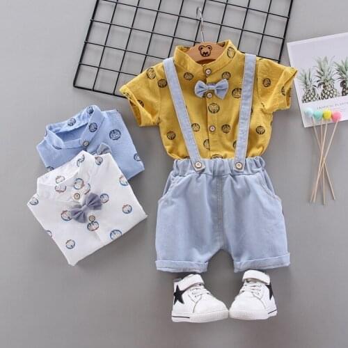 Baby Girls Boys Summer Cartoon Doraemon Sets Clothes Children Tie T-Shirt+denim Overalls Suits Toddle Kids Fashion Costume