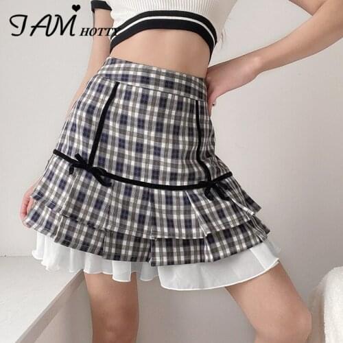 Kawaii Plaid Printed y2k High Waist Mini Skirt Women Sweet Gothic Lace Patchwork Dark Academia Pleated Korean Fashion Iamhotty