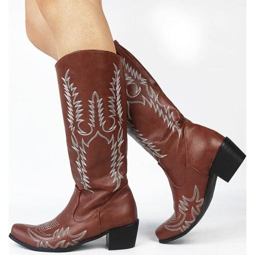 SARAIRIS Fashion Concise Embroider Square Heel Cow Boy Western Boots Comfy Great Quality Women Shoes