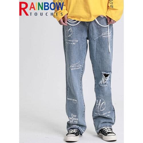 Rainbowtouches High Street Restore Holed Jeans Pants Hip Hop Loose Graffiti Printing Jeans Pants Unisex
