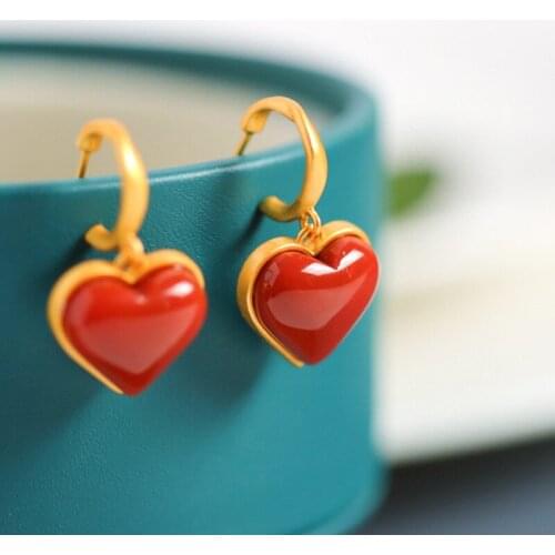 Fashion Heart Drop Earrings Dainty Red Agate Stone Matte Gold Jewelry For Women Wedding Party Charm Piercing Earrings Cute Gift
