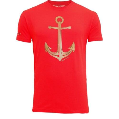 Bichón Designs T-shirt men short sleeve nautical style, red and black Color anchor print large metallic gold color