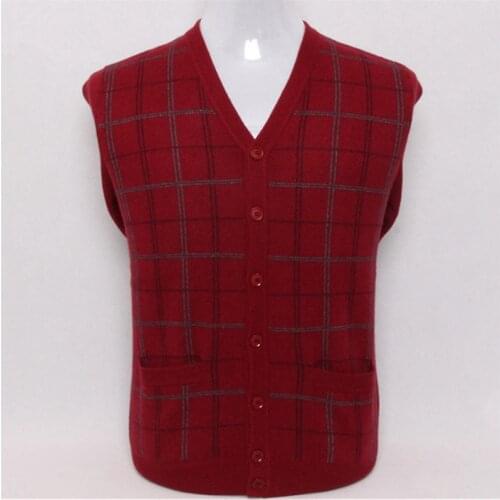 Large size pure goat cashmere plaid knit v-neck men fashion thick cardigan sweater dark blue 3color S/4XL