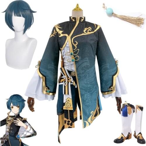 Game Genshin Impact XingQiu Cosplay Costumes Original Ver. Battle Uniform Accessories Full Sets Wigs Synthetic Hair Halloween