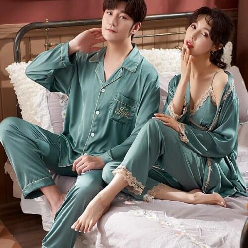 Couple Pajamas Summer Men Long Sleeve Pants 2Pcs Women Robe Sling Pants 3Pcs Ice Silk Female Pajamas Set Home Service Suit