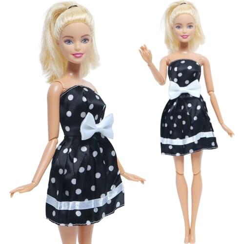 One Pcs Black Bow-knot Dress Princess Gown Daily Casual Wear Wave Point Skirt Clothes for Barbie Doll Baby Accessories House Toy