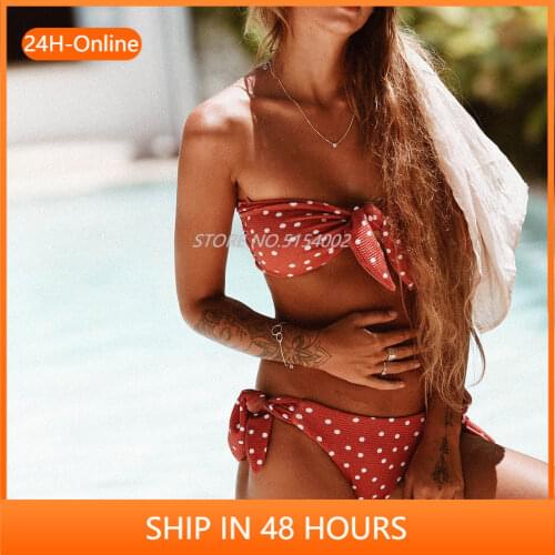 Popular Sexy Women Strapless bandage Bandeau Push Up dot printed Bikini Set lace up female summer Swimwear swimsuit beachwear