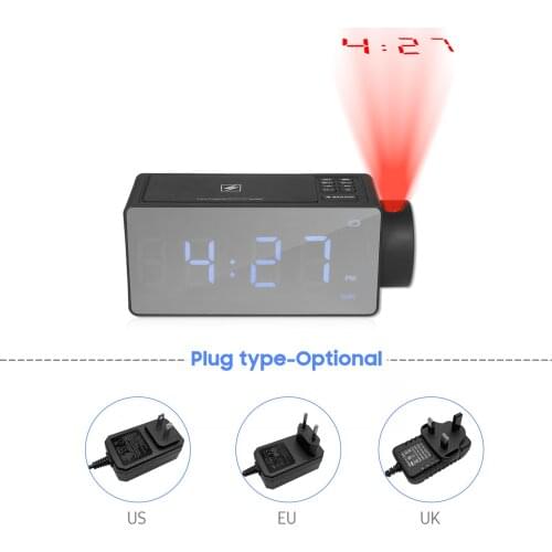 Projection Alarm Clock with BT Speaker 180°Projector Wireless Charging Dual Alarms Snooze Mirror LED Dimmer for Bedroom Office