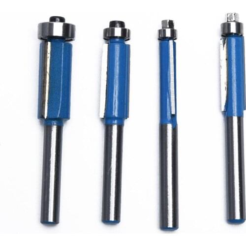 Professional Flush Trim Router Bit Kit Set 4pcs Wood Edge Cutting End Bearing Cutter Bit Blue+Silver