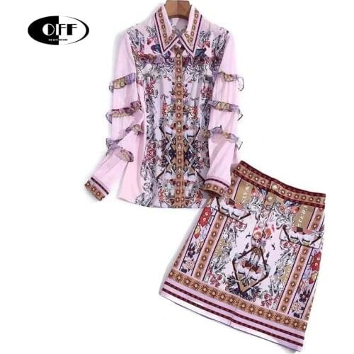 Dsigner summer autumn ruched vintage printed shirts tops and retro mini skirts blouses casual pink two piece sets suit outfits
