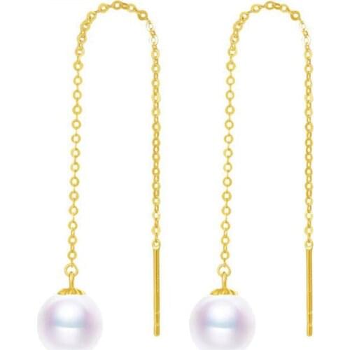 Sinya Au750 18k gold dangle drop earring with 7-9 mm Natural Round high luster pearls long chain tassel design earring for women